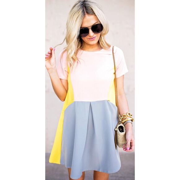NWOT BlOGGER Fav SHEIN Pink, Yellow, Gray colorblocked dress - Picture 4 of 12